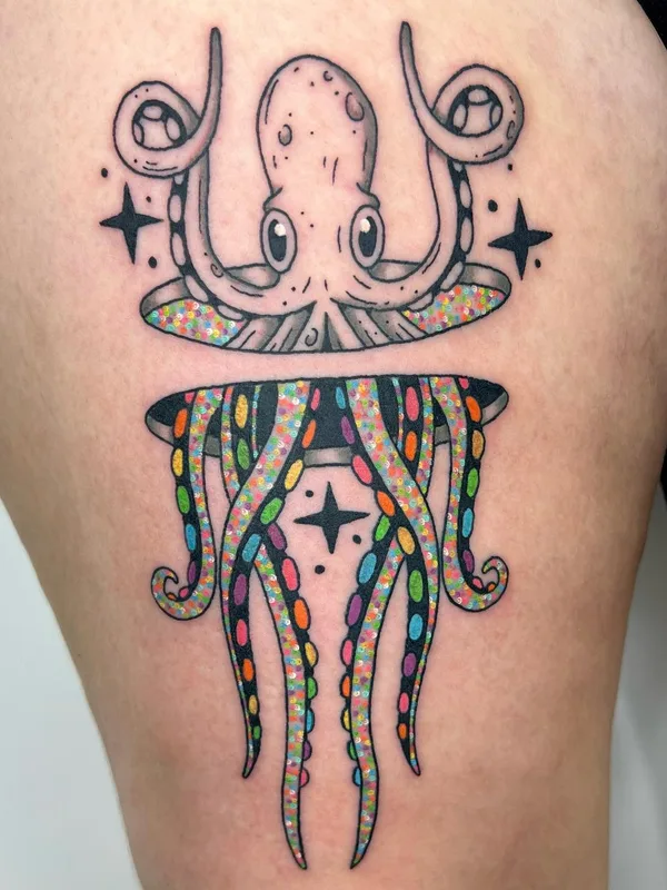 color illustrative tatuaje en thigh #57583 | Tatuador Deryk Webb