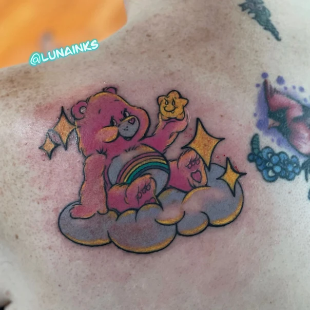 Cartoon Care bear, Cloud tattoo on Chest