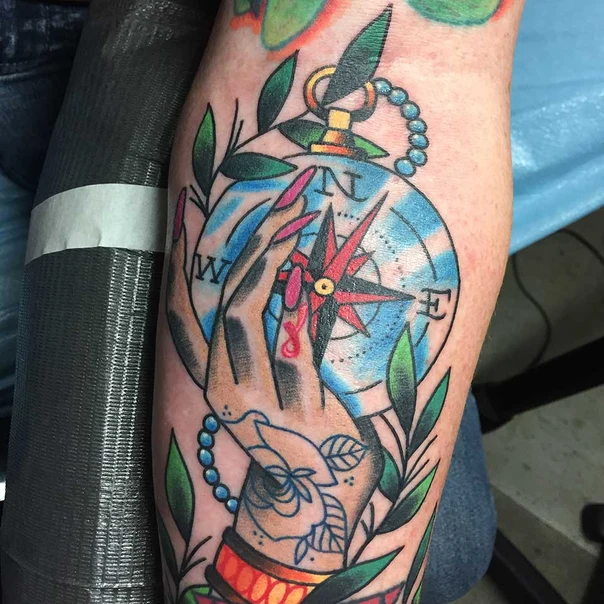 Neo Traditional Compass, Hand tattoo on Forearm
