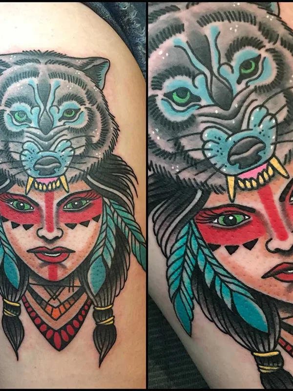 female color neo traditional tattoo auf thigh #57626 | Tätowierer Paul Kirk