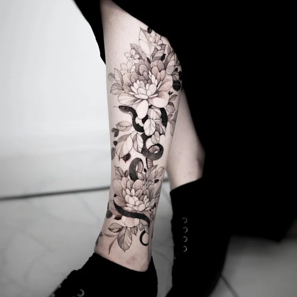 Blackwork Snake, Flowers tattoo on Calf