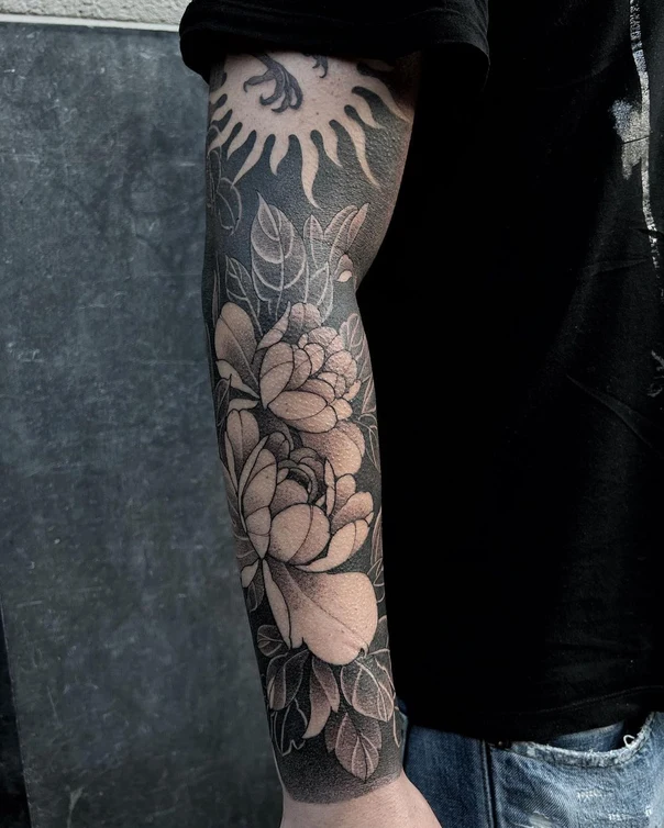 Blackwork Flowers, Leaves tattoo on Full Sleeve