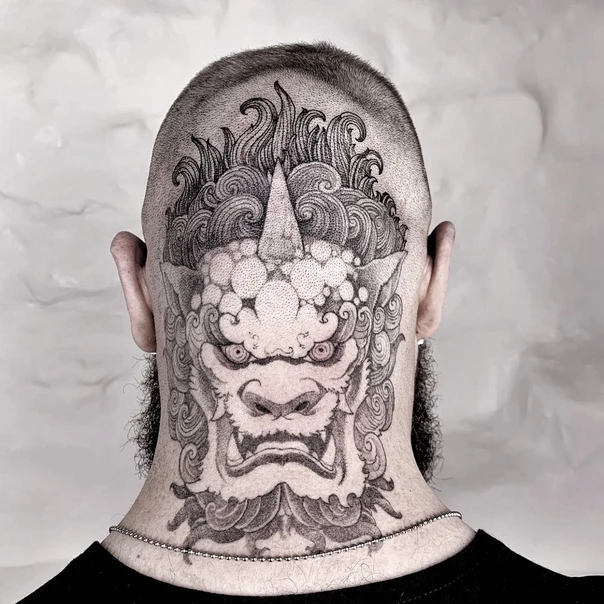 Japanese Demon, Waves tattoo on Back of neck