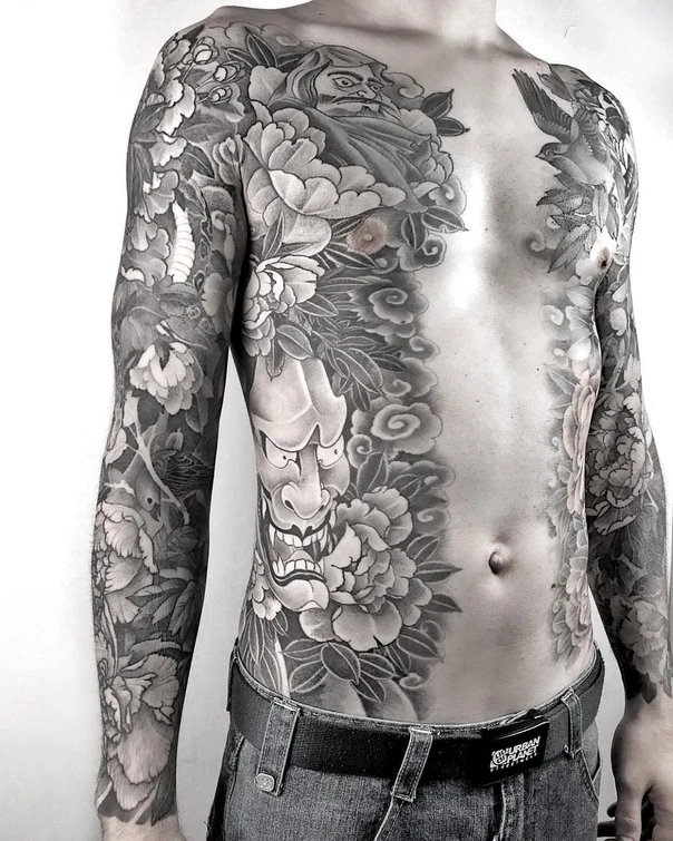 Japanese Flowers, Mask tattoo on Full Body