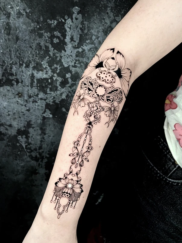 Ornamental Floral, Jewelry tattoo on Forearm
