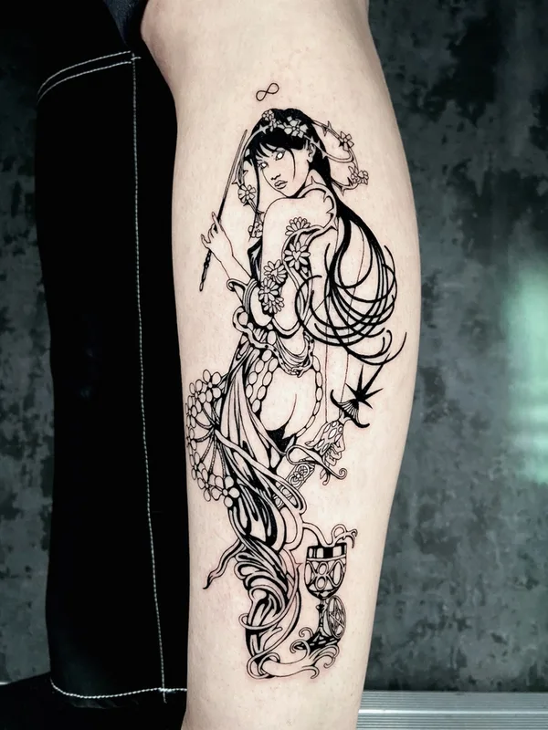 female black linework tattoo on calf #57688 | Tattoo Artist Kodsuno