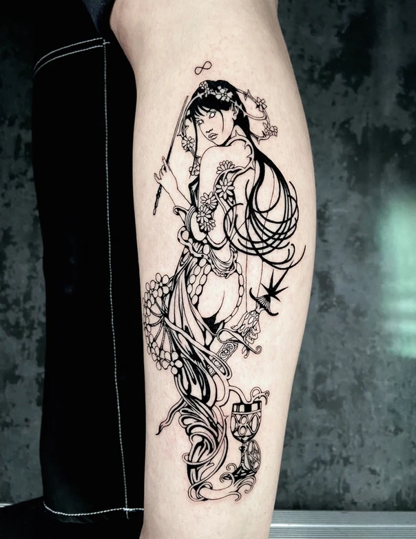 Linework Woman, Flowers tattoo on Calf