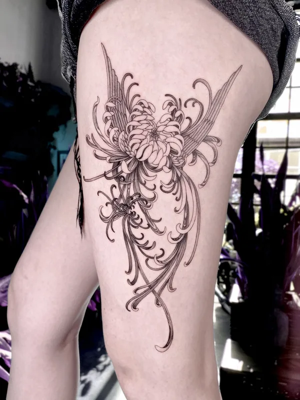 female black linework tattoo on thigh #57678 | Tattoo Artist Kodsuno