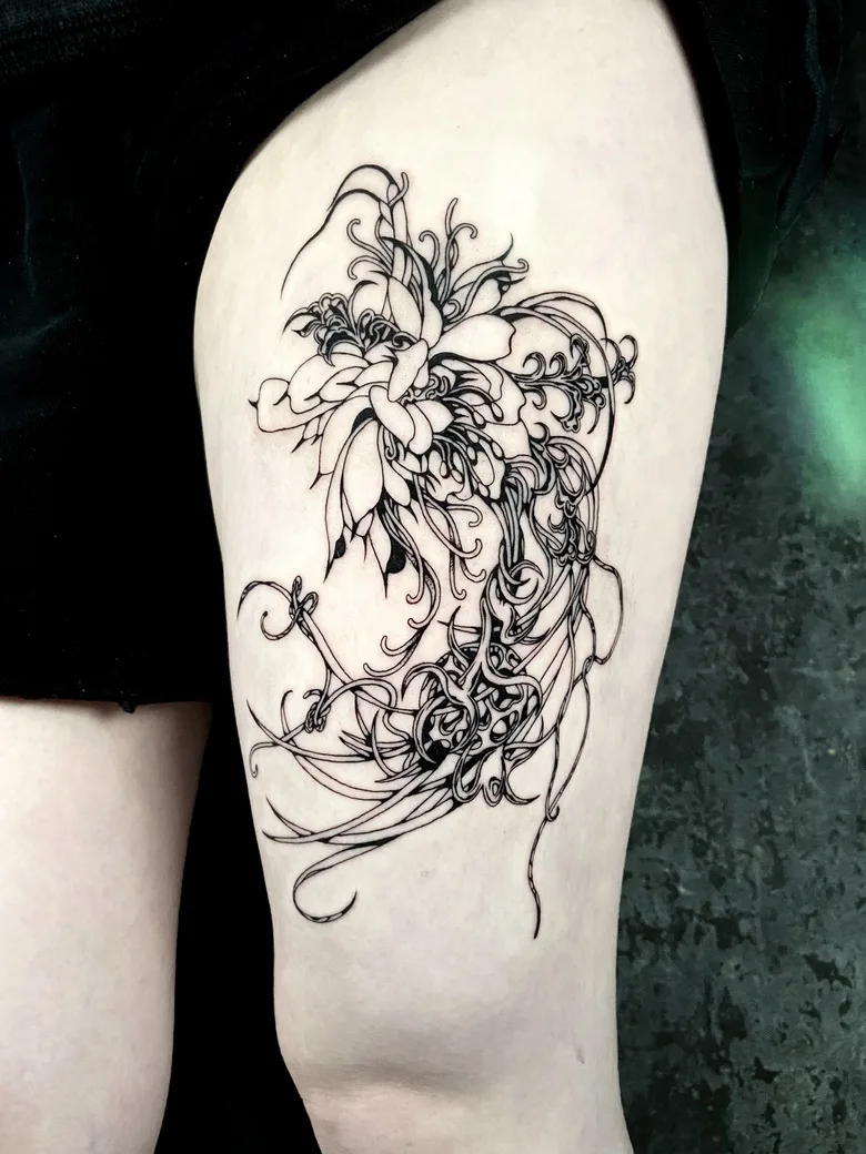 Kodsuno创作的东方风格插画式花卉纹身