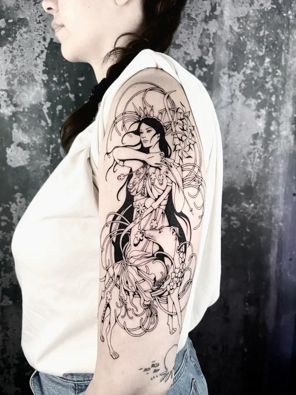 female black illustrative tattoo on full sleeve #57685 | Tattoo Artist Kodsuno