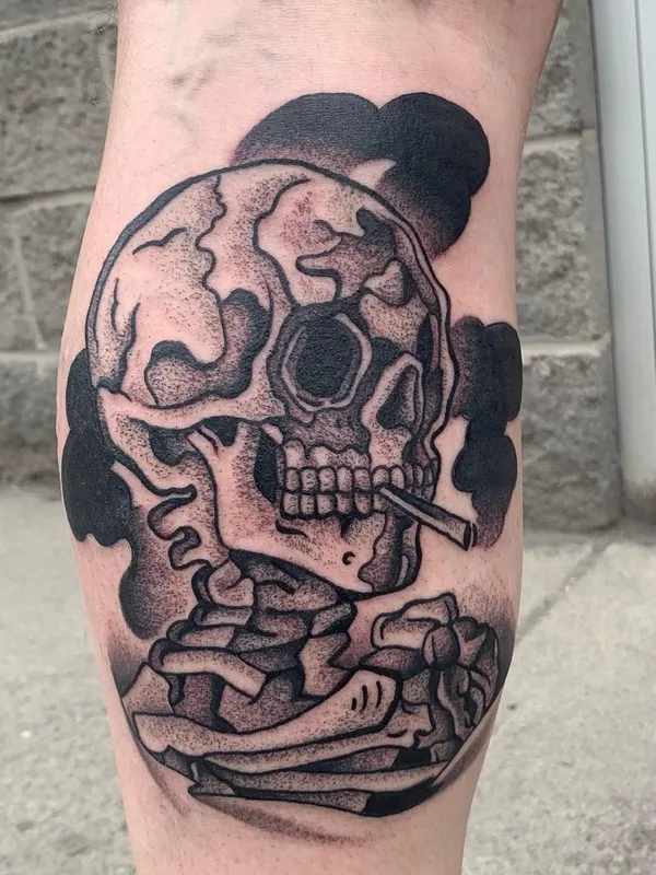 black and grey blackwork tatuaje en calf #57700 | Tatuador Paul Anderson