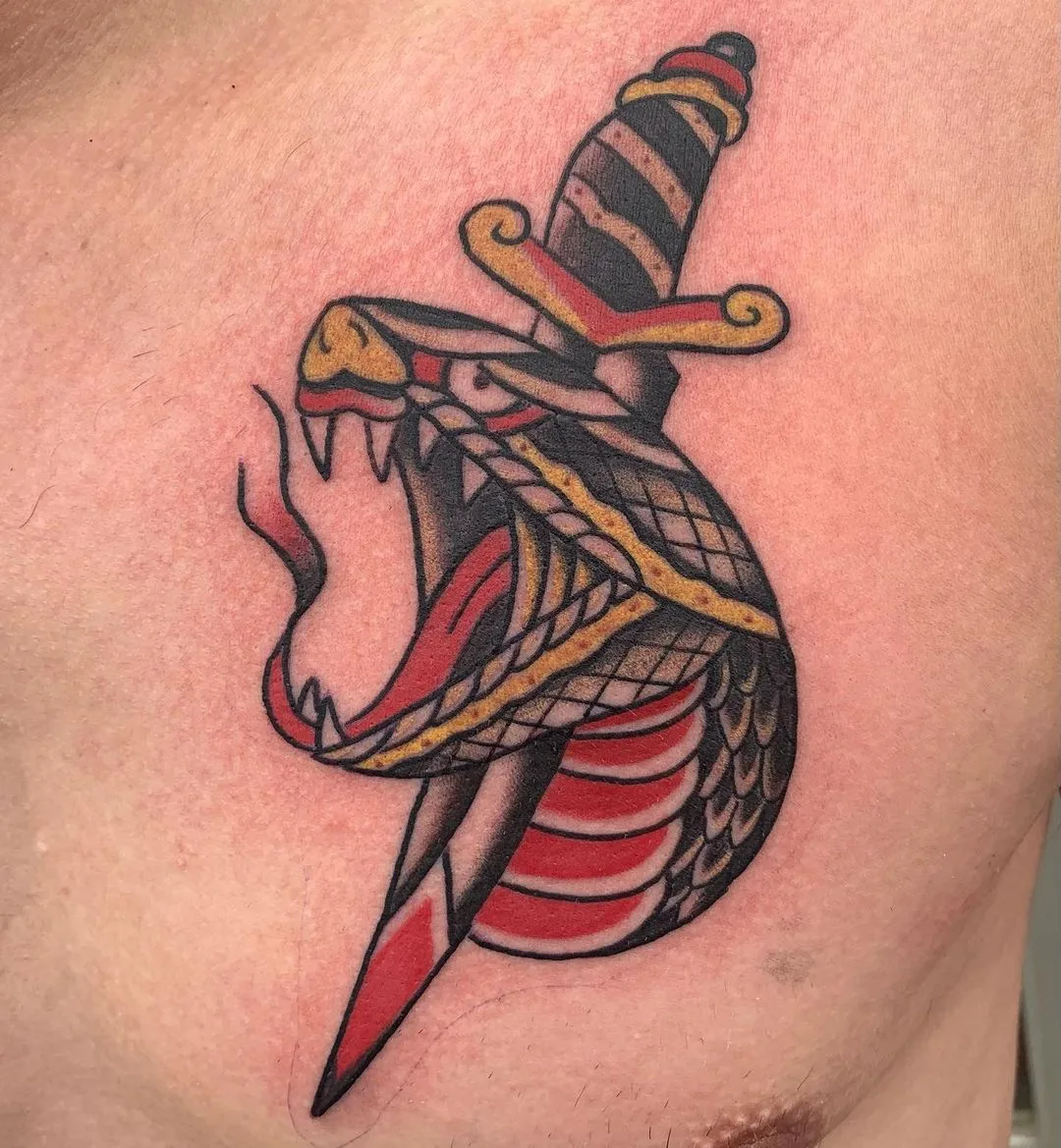 A traditional-style tattoo featuring a snake wrapped around a dagger, executed in bold colour with heavy black outlines.