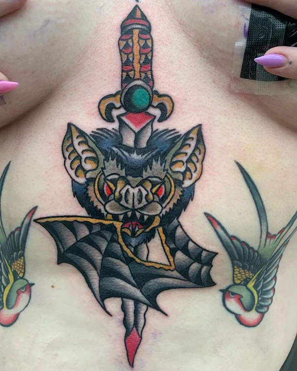 Traditional Bat, Dagger tattoo on Chest