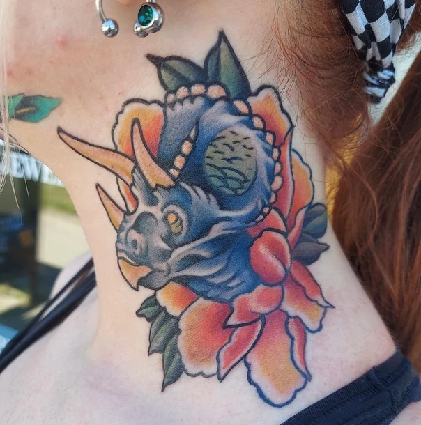Neo Traditional Dinosaur, Flower tattoo on Neck