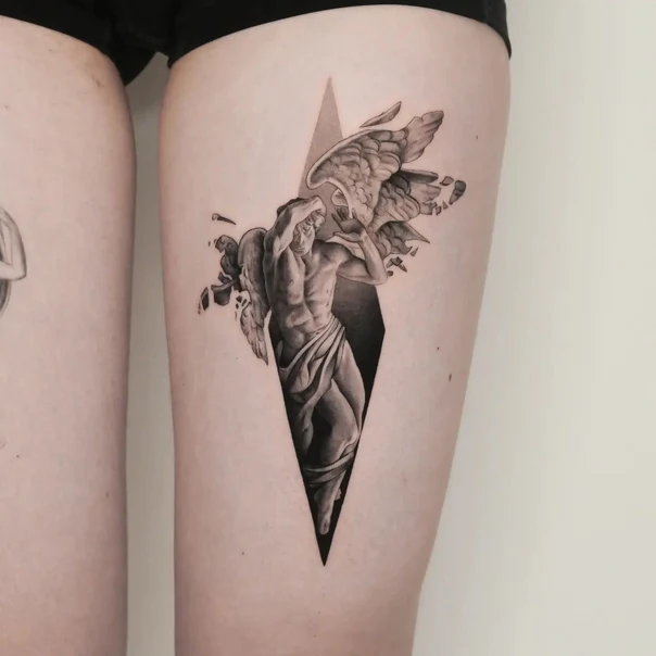 Realism Angel, Statue tattoo on Thigh