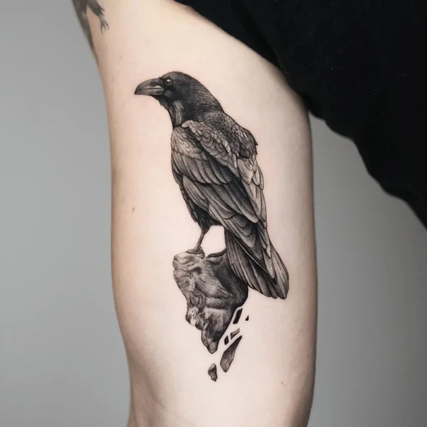 Black & Grey Raven, Rock tattoo on Bicep