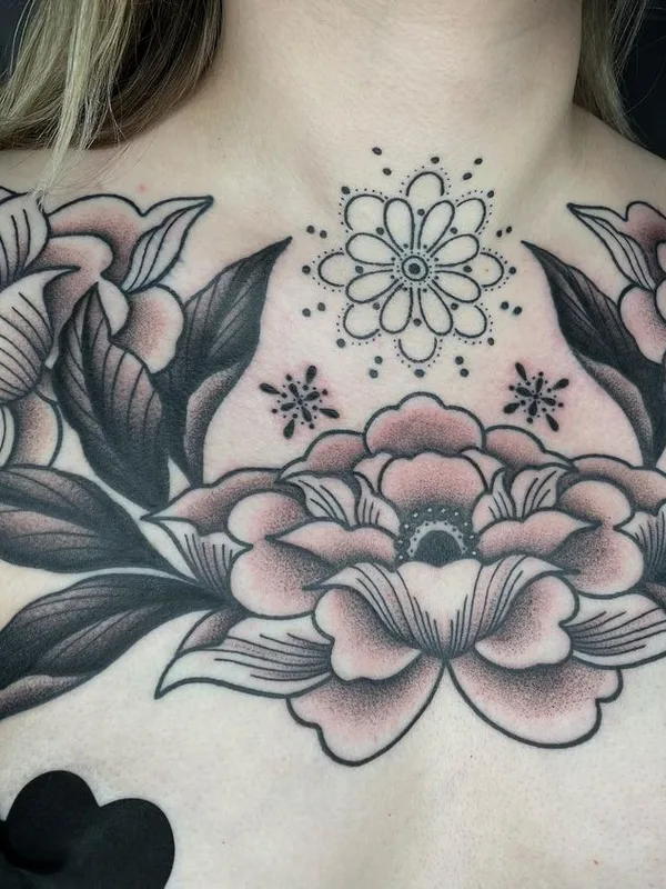 female black and grey neo traditional Tatuaggio su chest #57735 | Tatuatore Megan Carroll