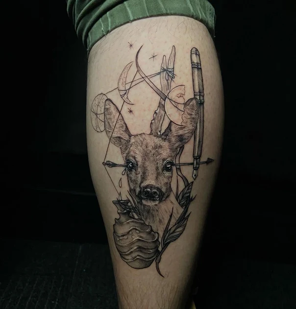 Blackwork Deer, Arrow tattoo on Calf