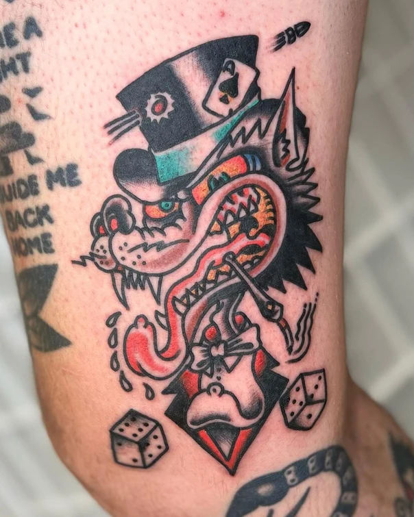 Old School Wolf, Dice tattoo on Forearm