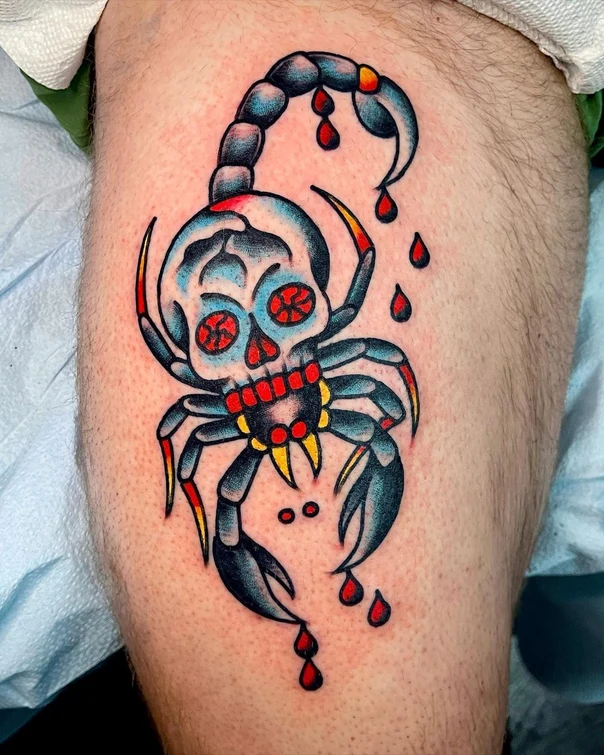 Neo Traditional Scorpion, Skull tattoo on Thigh