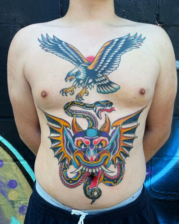 Old School Eagle, Snake tattoo on Chest
