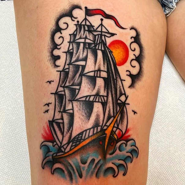 Traditional Ship, Ocean tattoo on Thigh