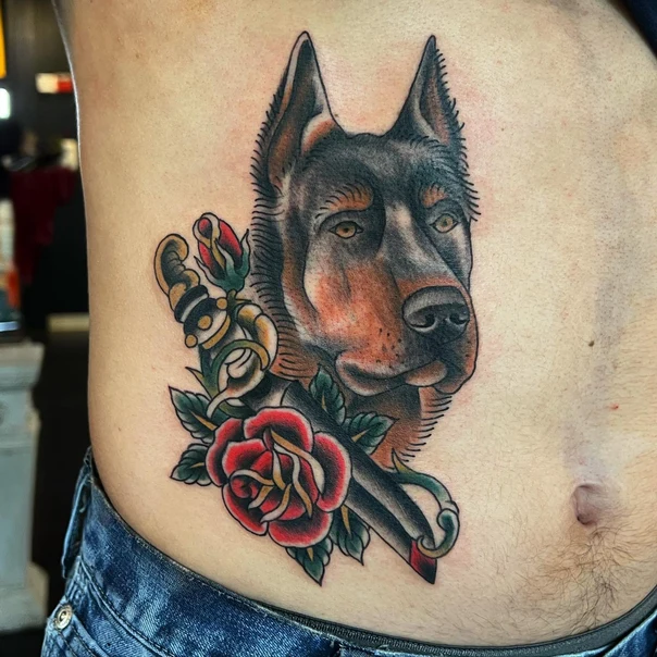 Neo Traditional Dog, Rose tattoo on Stomach