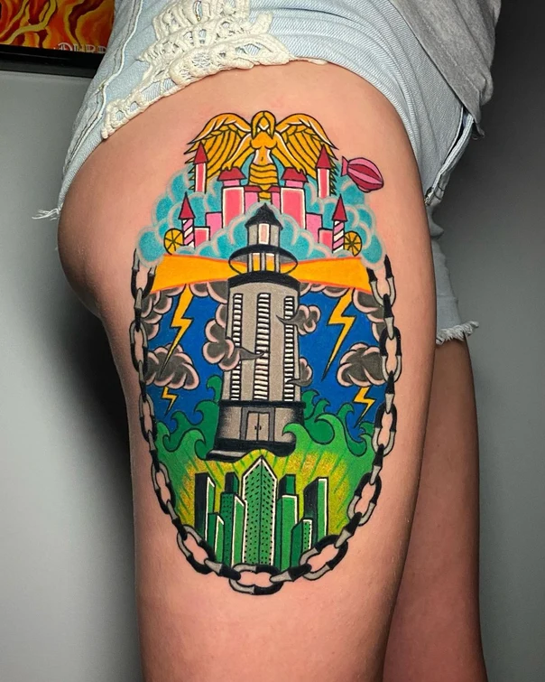 New School Lighthouse, Cityscape tattoo on Thigh