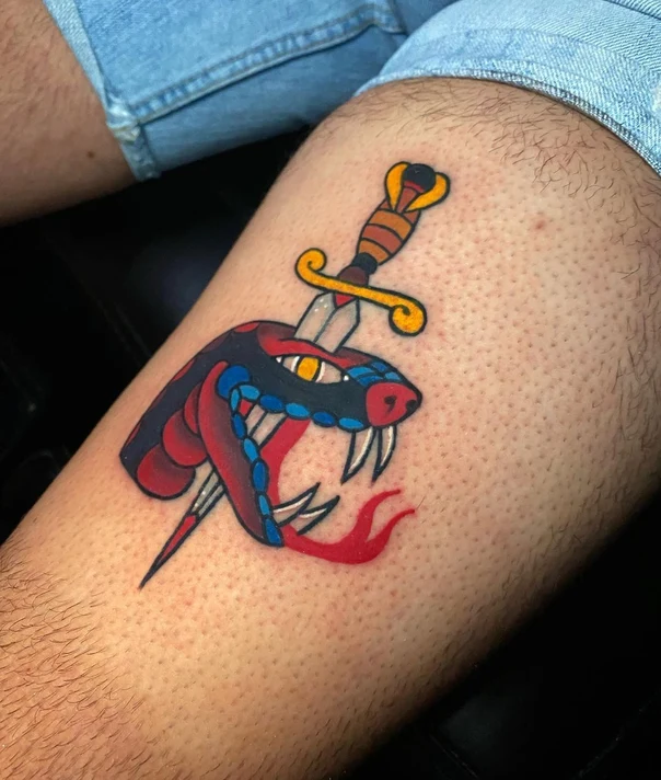Traditional Snake, Dagger tattoo on Thigh