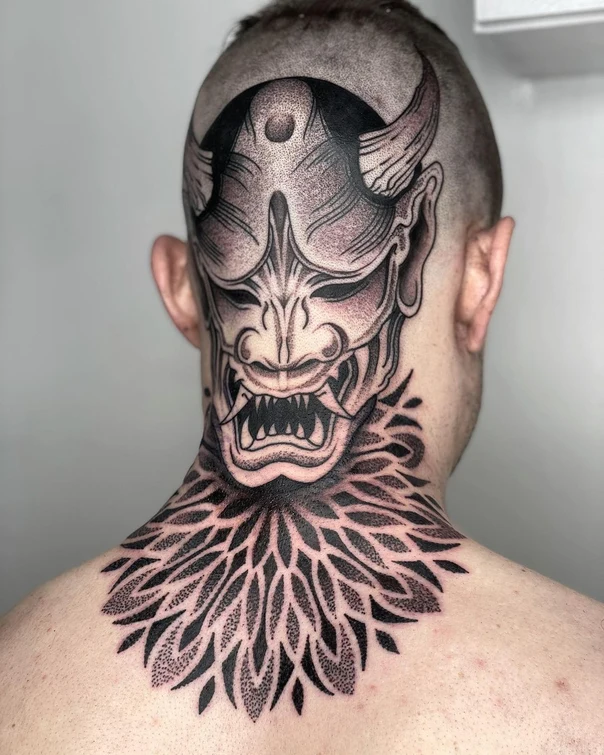 Japanese Oni mask, Floral tattoo on Back of Neck