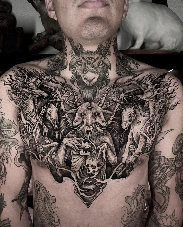 Blackwork Baphomet, Skull tattoo on Chest