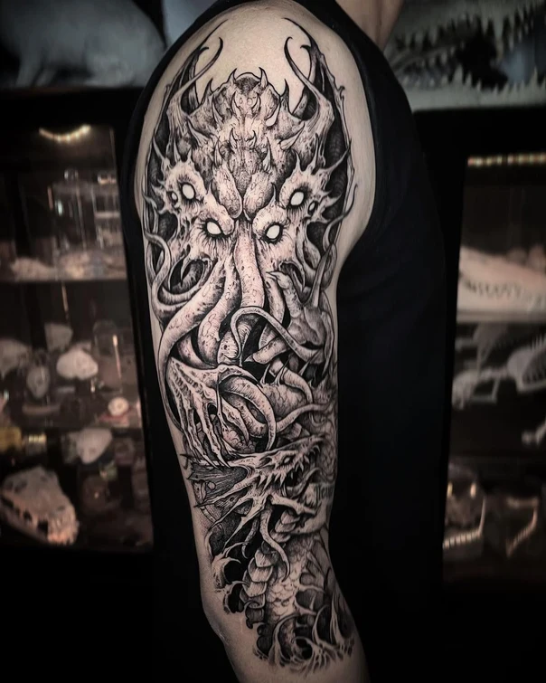 Blackwork Monster, Dragon tattoo on Full Sleeve