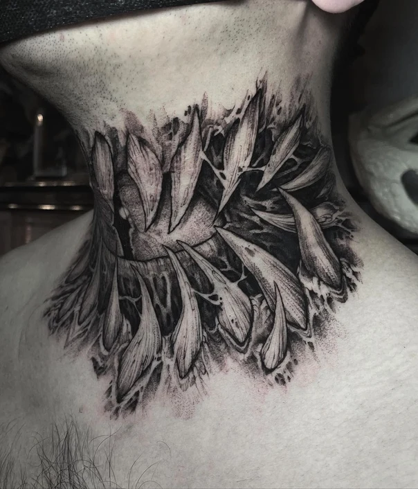 Blackwork Leaves, Abstract tattoo on Neck