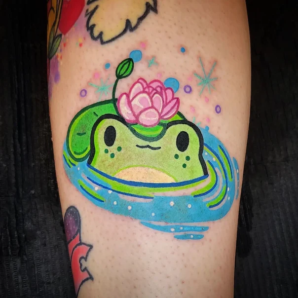 Cartoon Frog, Lotus tattoo on Calf