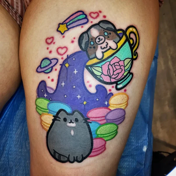 Cartoon Dog, Cat tattoo on Thigh