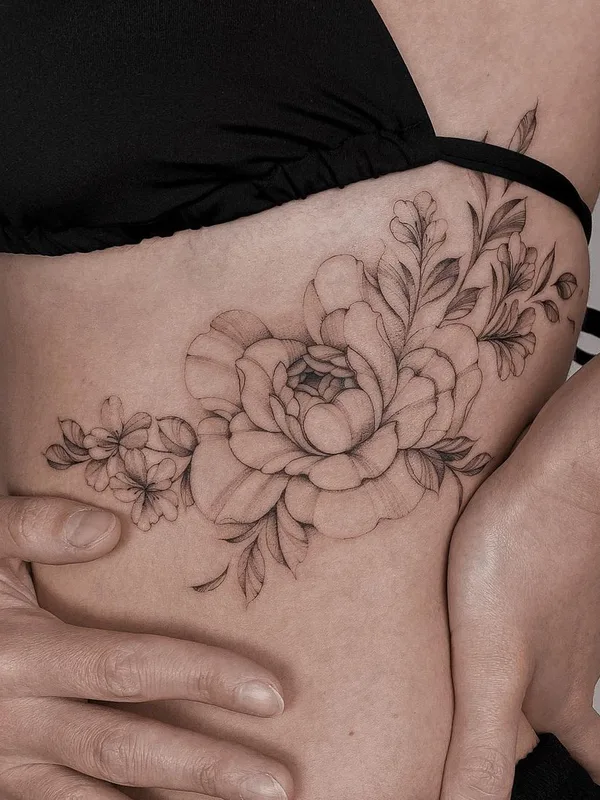 female black botanic, fineline tattoo on side #57860 | Tattoo Artist Nicazky