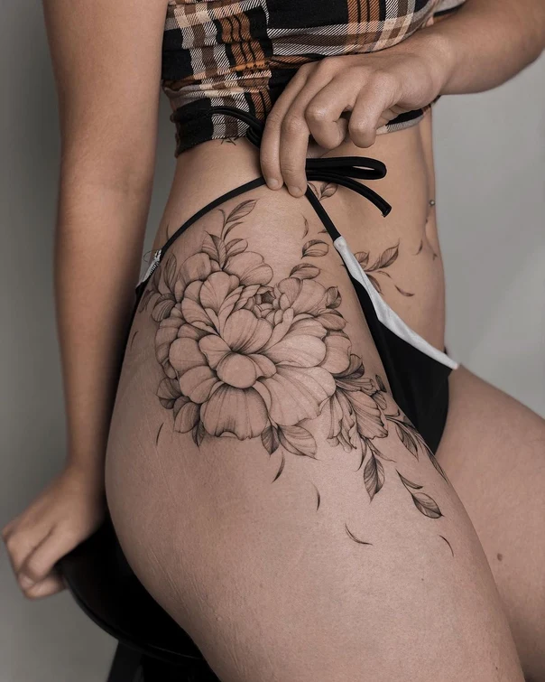 Botanic Flower, Leaves tattoo on Thigh
