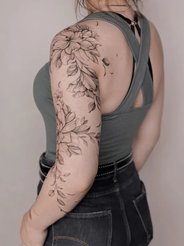 female black botanic, fineline tattoo on sleeve #57854 | Tattoo Artist Nicazky