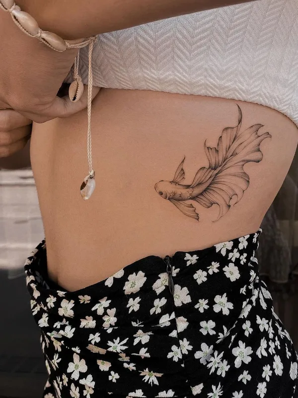 female black botanic, fineline tattoo on side #57862 | Tattoo Artist Nicazky