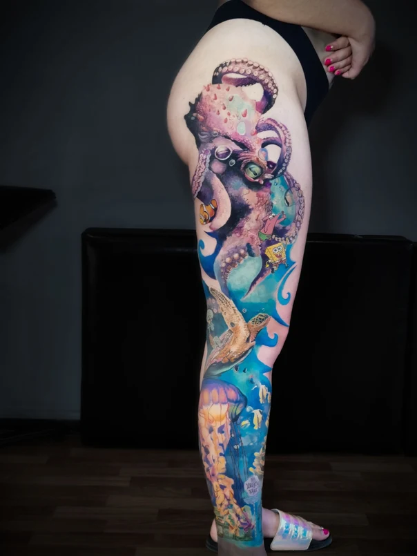 Realism Octopus, Sea turtle tattoo on Full leg