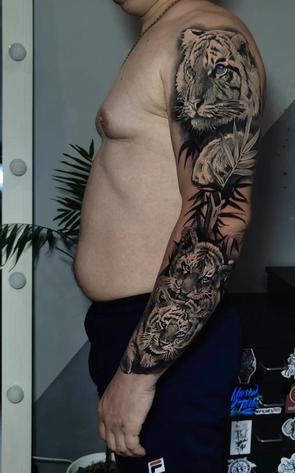 Realism Tiger, Botanic tattoo on Full Sleeve
