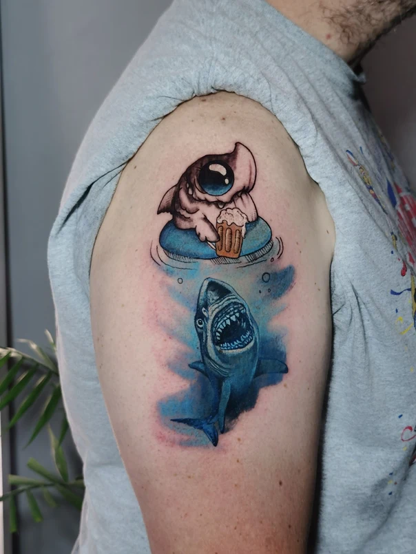 Illustrative Shark, Beer tattoo on Upper Arm