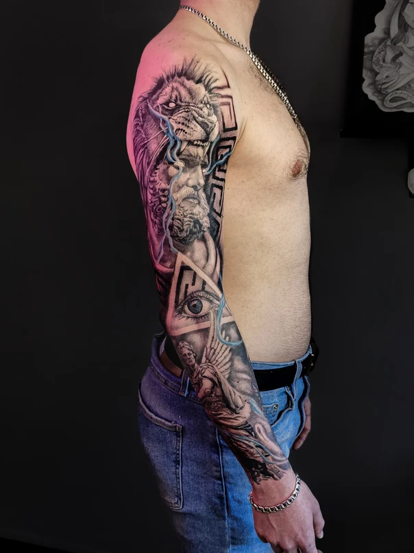 Realism Lion, Eye tattoo on Full Sleeve