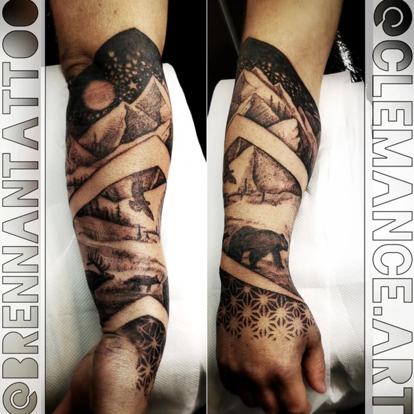 Black & Grey Mountains, Bear tattoo on Full Sleeve
