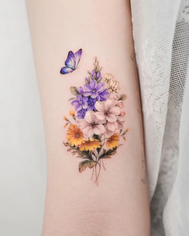 Watercolor Flowers, Butterfly tattoo on Forearm