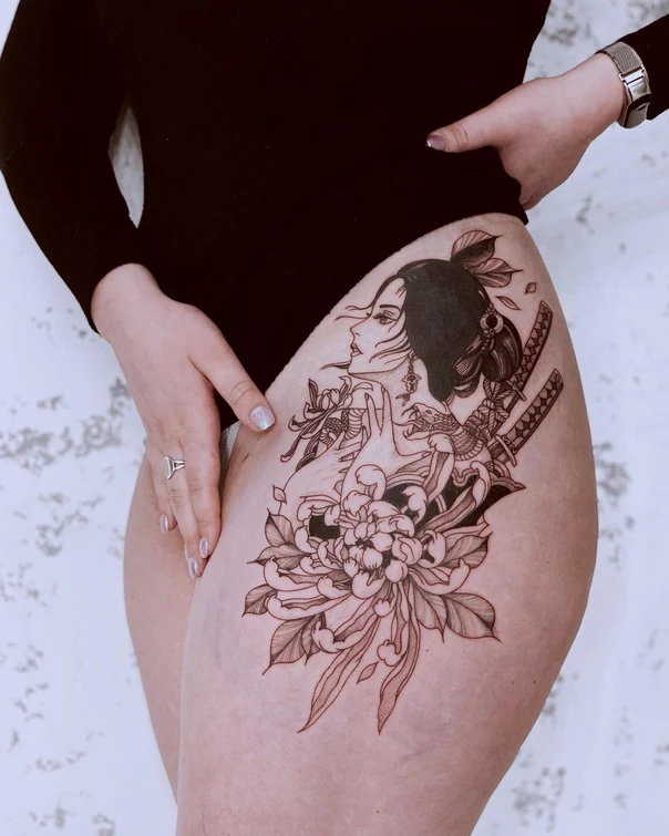 Japanese Geisha, Flowers tattoo on Thigh