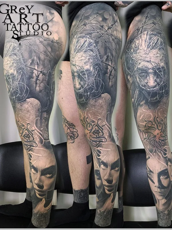 black and grey black and grey 纹身 在 full leg #58053 | 纹身师 Aleksandr Khartsyz