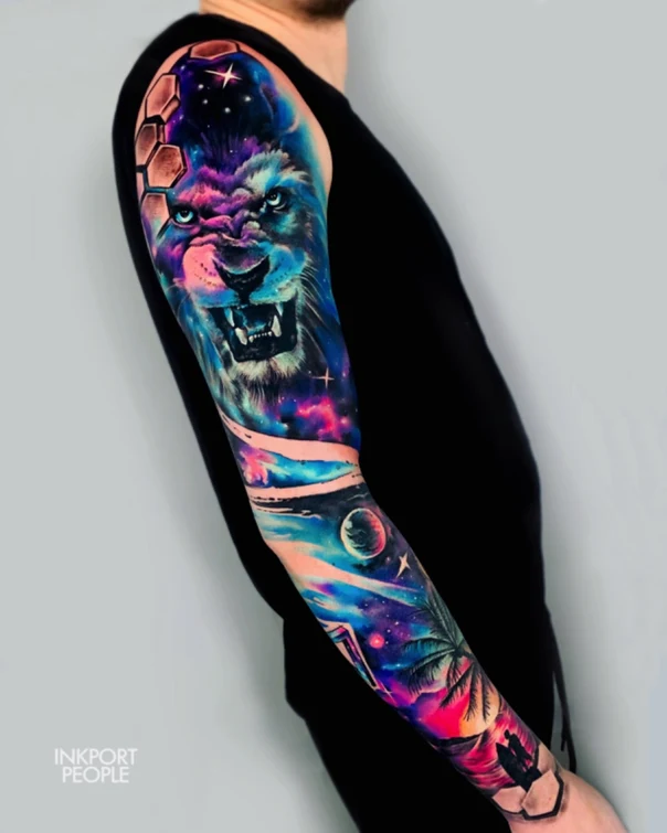 Realism Lion, Galaxy tattoo on Full Sleeve