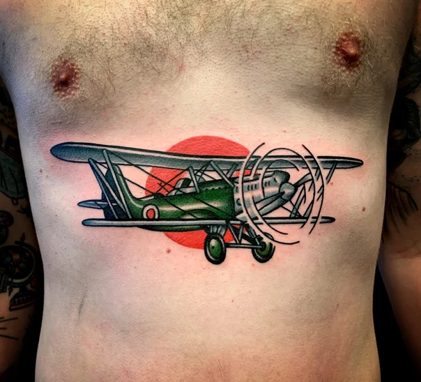 Traditional Airplane, Sun tattoo on Chest