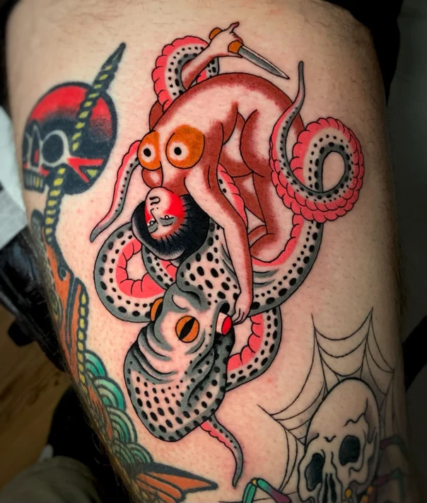 Traditional Octopus, Skull tattoo on Thigh